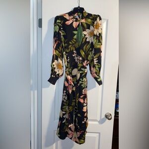 Farm Rio Black Surreal Flowers High Mock Neck Midi Dress Long Sleeve Small